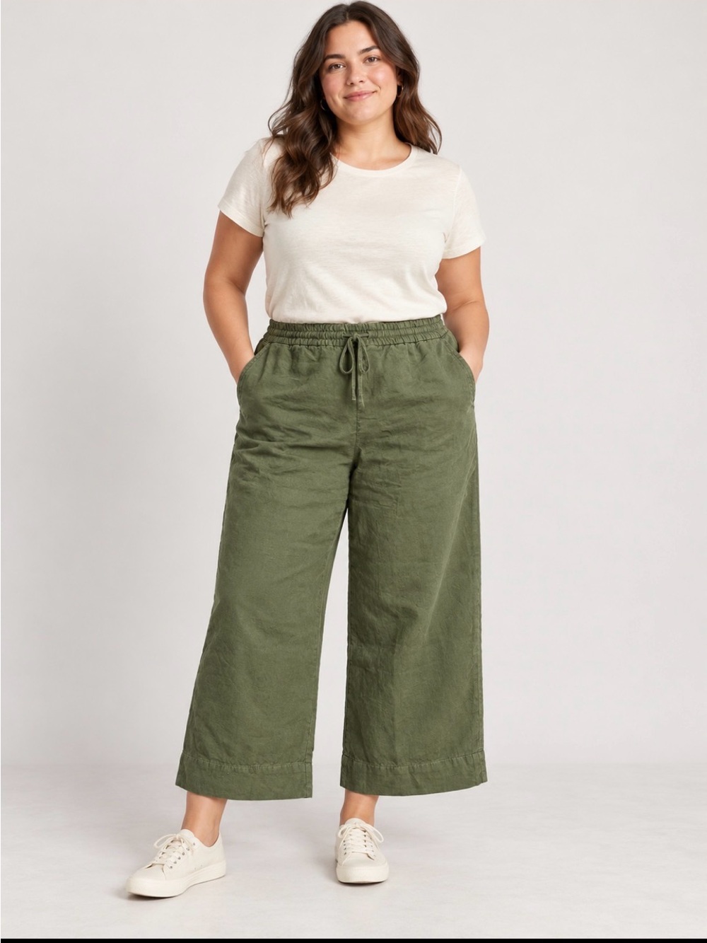 Velvet Wide Leg Drawstring Pants in Olive /100% linens, 100% cotton/